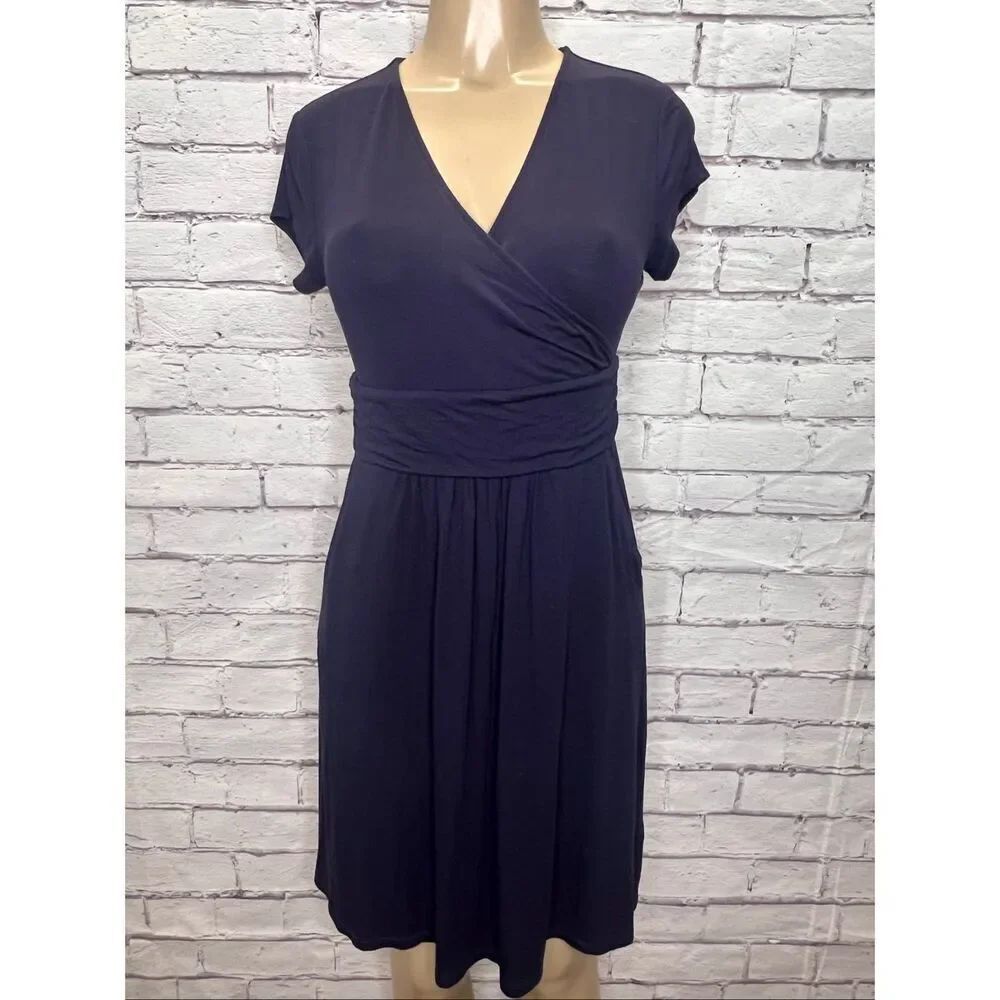 Boden Womens Navy Blue Lola Jersey Faux Wrap Stretch Short Sleeve Dress Size 16P